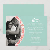 Coral and Mint Damask Photo 結婚's 招待状 (正面/裏面)