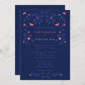Coral and Navyフローラ5x7結婚式招待状 招待状 (正面/裏面)