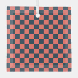 Coral and navy checkerboard pattern ガラスオーナメント