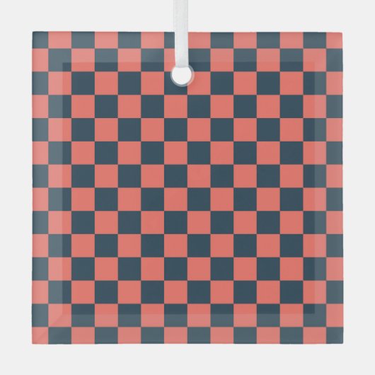 Coral and navy checkerboard pattern ガラスオーナメント (正面)