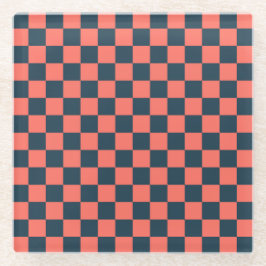Coral and navy checkerboard pattern ガラスコースター