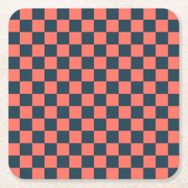 Coral and navy checkerboard pattern スクエアペーパーコースター