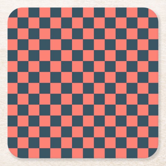 Coral and navy checkerboard pattern スクエアペーパーコースター (正面)