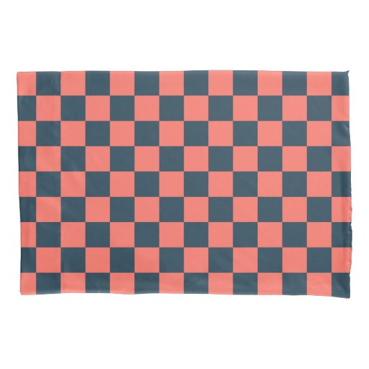 Coral and navy checkerboard pattern 枕カバー (正面左)