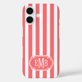 Coral and White Monogrammed Stripes iPhone 16ケース