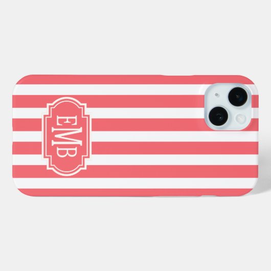 Coral and White Monogrammed Stripes Case-Mate iPhoneケース (裏面 (横))