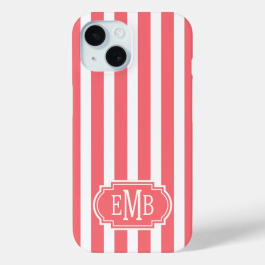 Coral and White Monogrammed Stripes Case-Mate iPhoneケース (裏面)