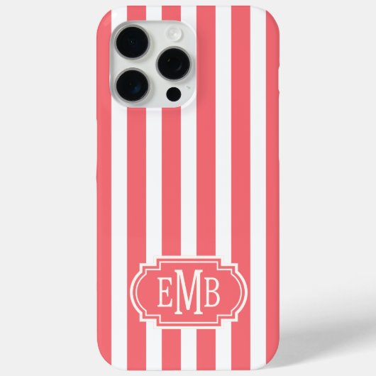 Coral and White Monogrammed Stripes Case-Mate iPhoneケース (裏面)