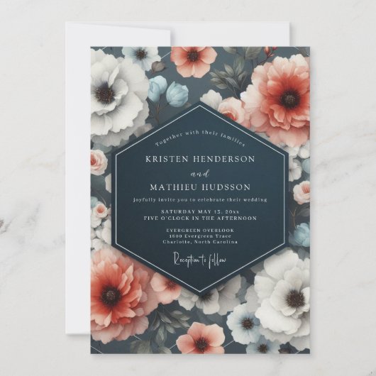 Coral Bloom Moody Romance Wedding 招待状 (正面)