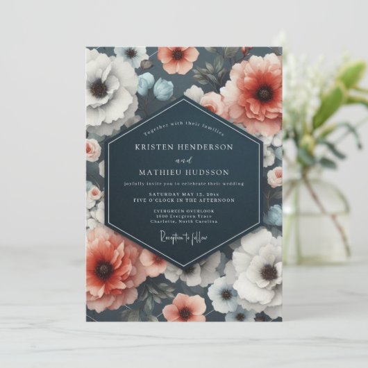 Coral Bloom Moody Romance Wedding 招待状 (スタンド正面)