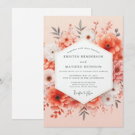 Coral Bloom Romance Wedding 招待状 (正面/裏面)