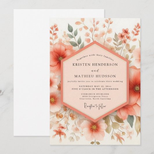 Coral Bloom Wedding 招待状 (正面/裏面)
