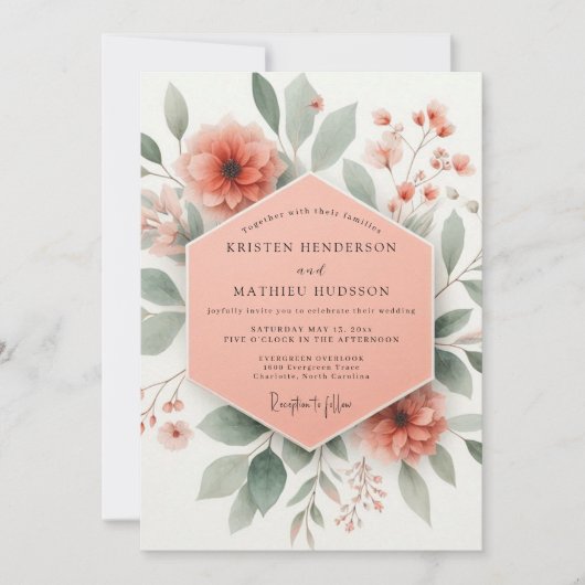 Coral Blossom Botanical Romance Wedding 招待状 (正面)