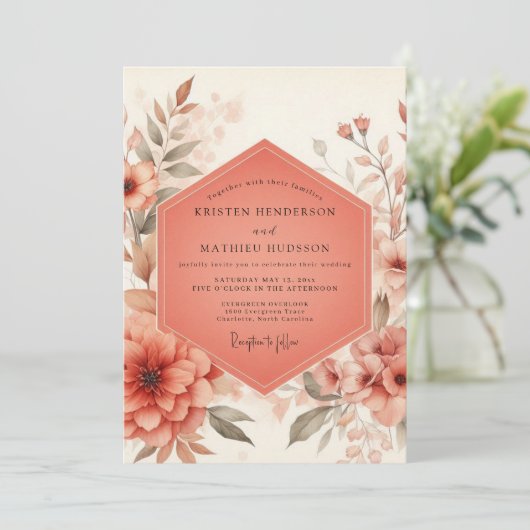 Coral Blossom Rustic Wedding 招待状 (スタンド正面)