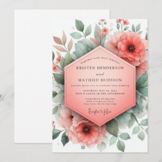 Coral Blossom Whimsical Wedding 招待状 (正面/裏面)