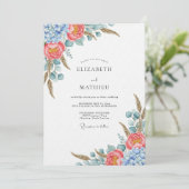 Coral Blue Botanical Flourish Wedding 招待状 (スタンド正面)
