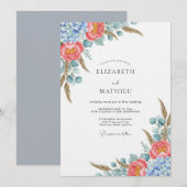 Coral Blue Botanical Flourish Wedding 招待状 (正面/裏面)