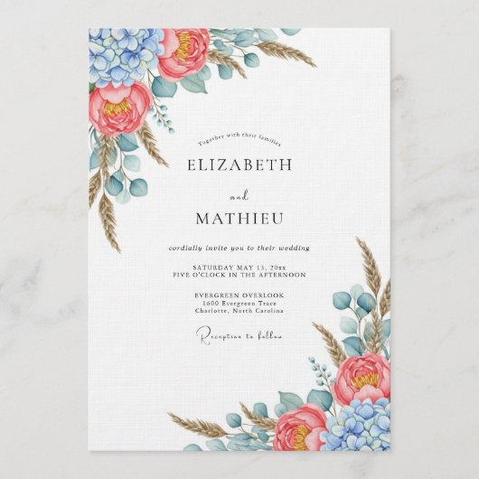 Coral Blue Botanical Flourish Wedding 招待状 (正面)