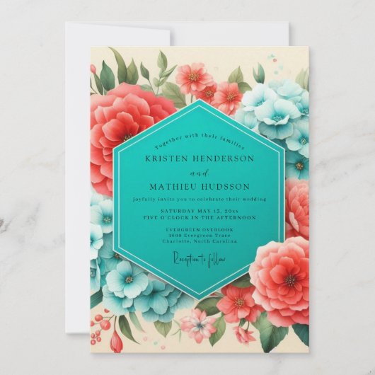 Coral Blue Floral Romance Wedding 招待状 (正面)