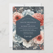 Coral Blue Floral Romance Wedding 招待状 (正面)