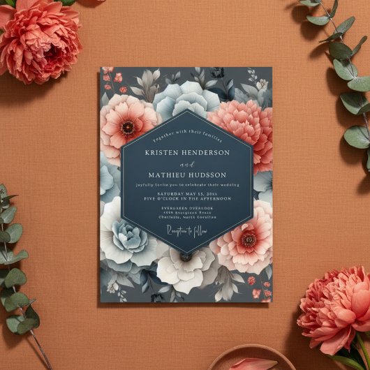 Coral Blue Floral Romance Wedding 招待状