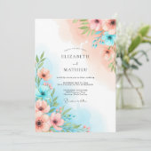 Coral Blue Floral Whimsy Wedding 招待状 (スタンド正面)