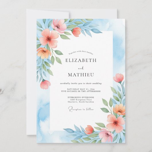 Coral Blue Painterly Botanical Wedding 招待状 (正面)
