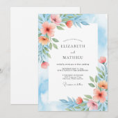 Coral Blue Painterly Botanical Wedding 招待状 (正面/裏面)