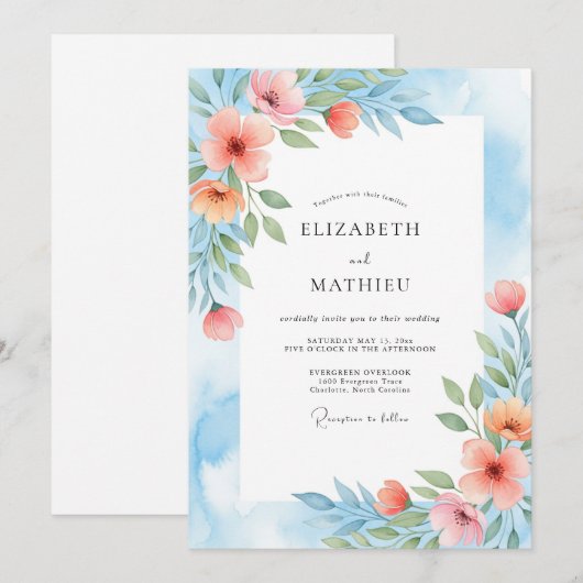 Coral Blue Painterly Botanical Wedding 招待状 (正面/裏面)