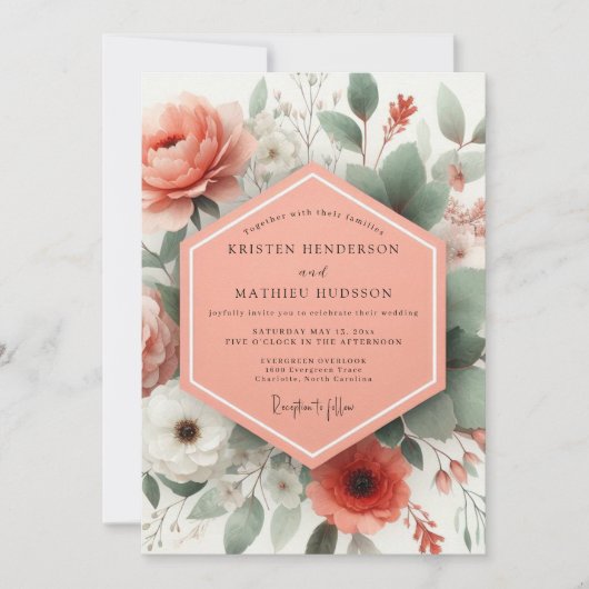 Coral Botanical Elegance Wedding 招待状 (正面)