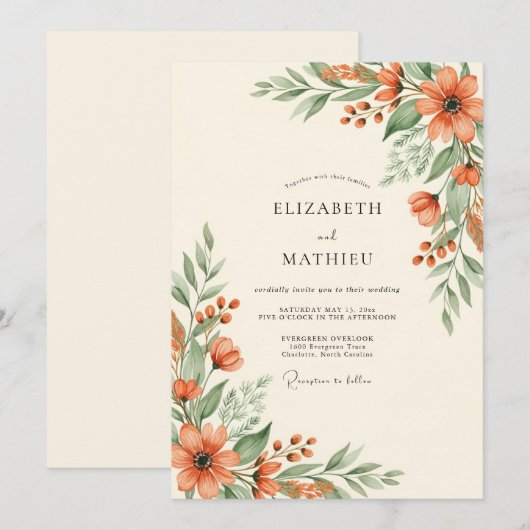 Coral Botanical Rustic Wedding 招待状 (正面/裏面)