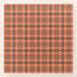 Coral Brown Checker Argyle Pattern ガラスコースター