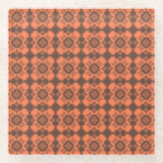 Coral Brown Checker Argyle Pattern ガラスコースター (正面)
