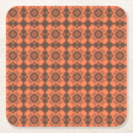Coral Brown Checker Argyle Pattern スクエアペーパーコースター