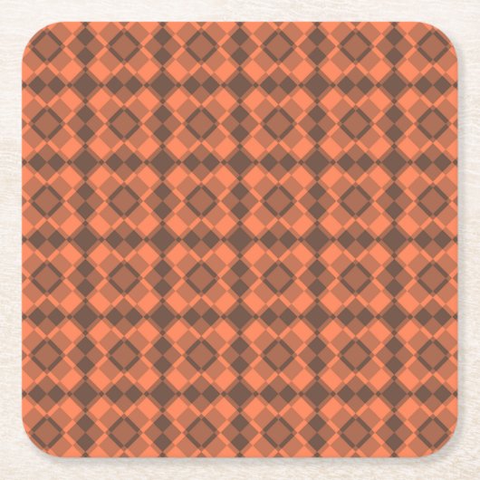Coral Brown Checker Argyle Pattern スクエアペーパーコースター (正面)