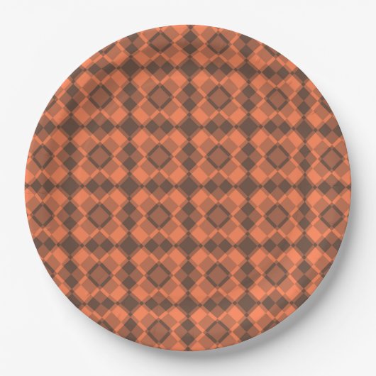 Coral Brown Checker Argyle Pattern ペーパープレート (正面)