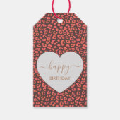 Coral Brown Leopard Print Heart Happy Birthday ギフトタグ (正面)