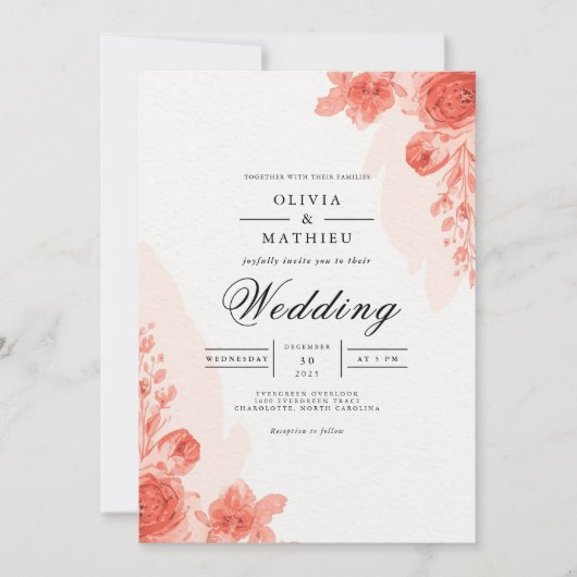 Coral Floral Arch Romance Wedding 招待状 (正面)