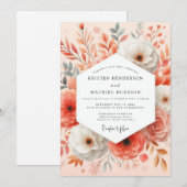 Coral Floral Bloom Romantic Wedding 招待状 (正面/裏面)