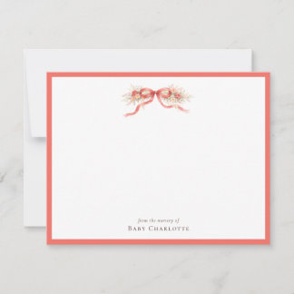 Coral Floral Bow Nursery Note Card – Personalized ノートカード
