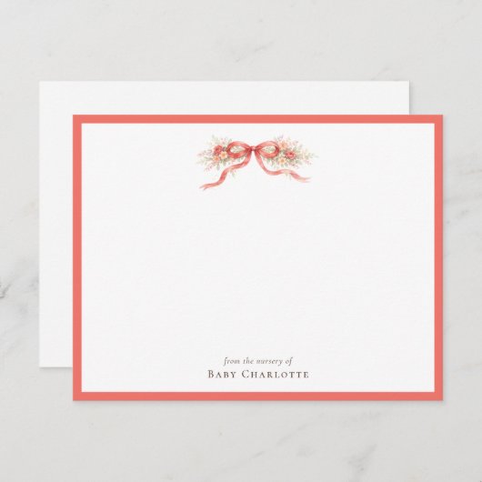 Coral Floral Bow Nursery Note Card – Personalized ノートカード (正面/裏面)