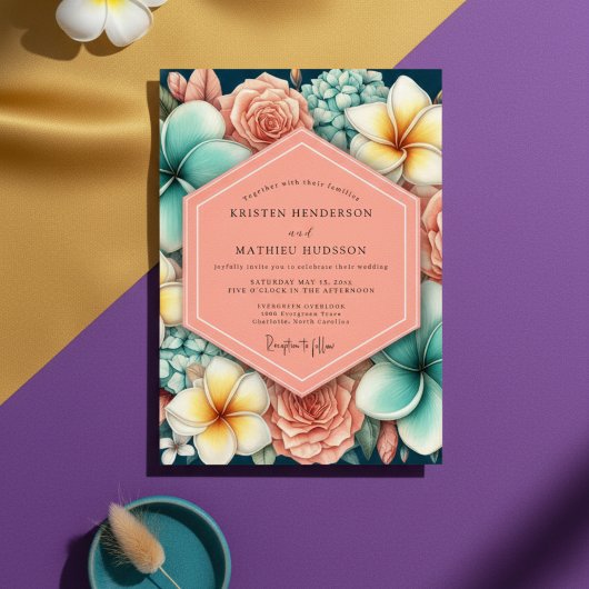 Coral Floral Romance Wedding 招待状
