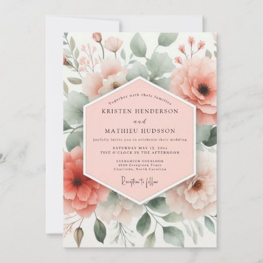 Coral Floral Whimsy Wedding 招待状 (正面)