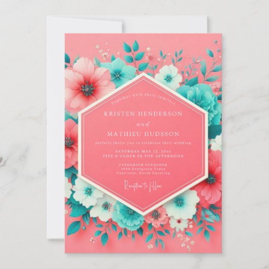 Coral Floral Whimsy Wedding 招待状 (正面)