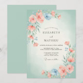 Coral Floral Wreath Wedding 招待状 (正面/裏面)