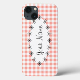 Coral Gingham Check oval star 'Name' iPad case iPhone 13ケース