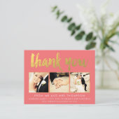 Coral Gold Foil Thank You Scriptタイポグラフィ写真 ポストカード (スタンド正面)