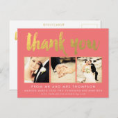 Coral Gold Foil Thank You Scriptタイポグラフィ写真 ポストカード (正面/裏面)