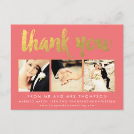 Coral Gold Foil Thank You Scriptタイポグラフィ写真 ポストカード
