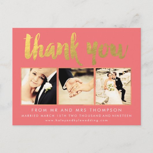 Coral Gold Foil Thank You Scriptタイポグラフィ写真 ポストカード (正面)